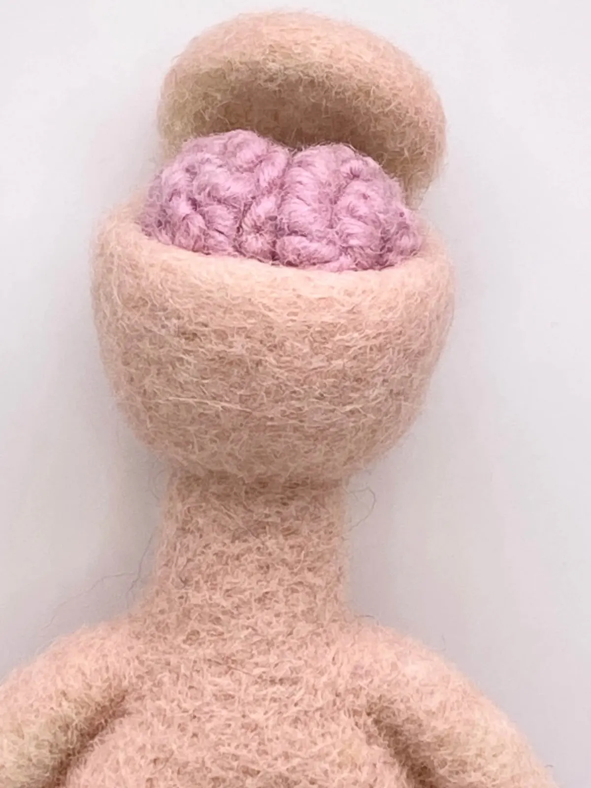 The doll's head opened at the top, the pink felted brain sitting inside.